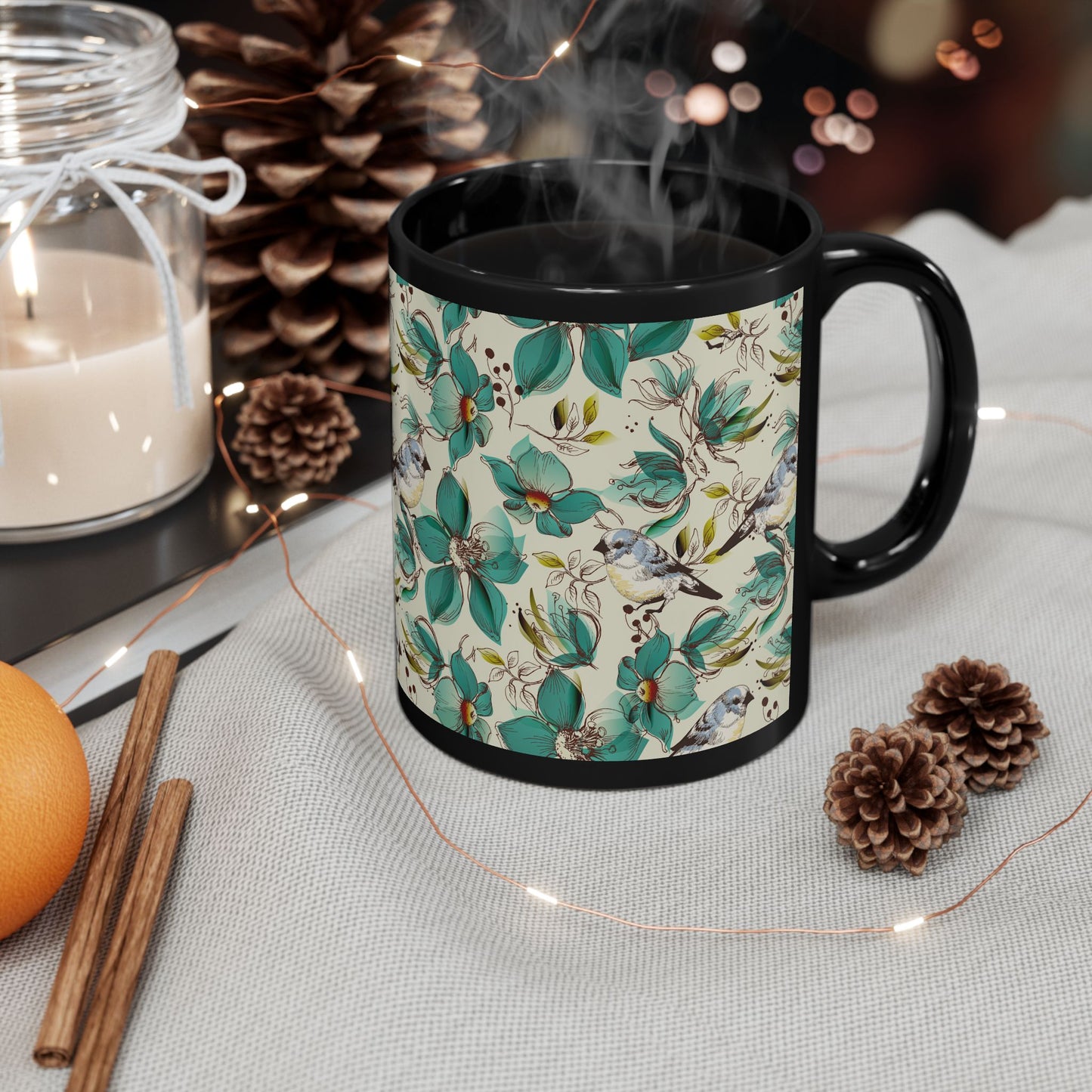 Botanical Bird Black Mug - 11oz & 15oz Floral Coffee Cup