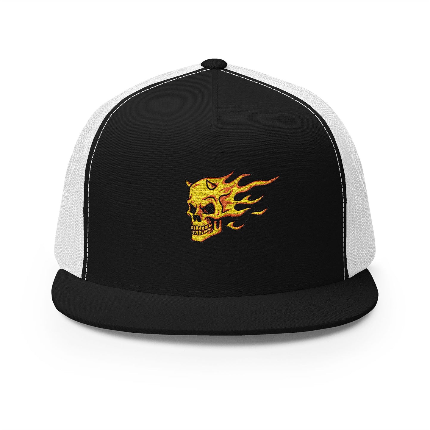 Embroidered Flame Skull Trucker Cap