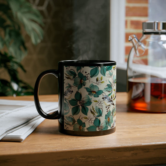 Botanical Bird Black Mug - 11oz & 15oz Floral Coffee Cup