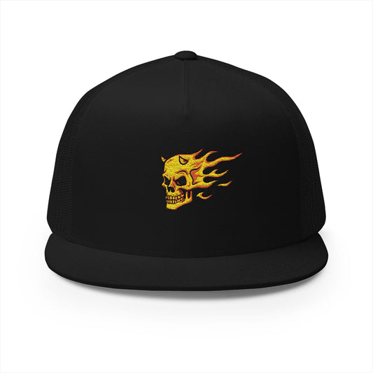 Embroidered Flame Skull Trucker Cap
