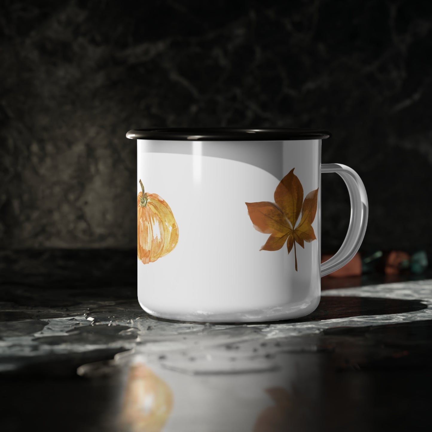 Autumn Vibes Enamel Camp Cup - Cozy Hot Beverage Mug with Pumpkin Design