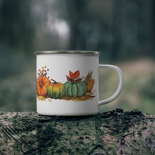 Fall Harvest Enamel Camping Mug with Pumpkin Design